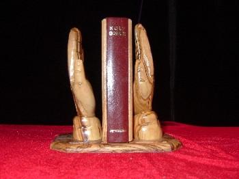 Hand Carved Olive Wood Statue: Praying Hands Bible Holder and Kings James Bible with Olive Wood Cover (engraved on the Cover: Jerusalem and Jerusalem Cross)