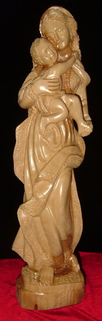 Hand Carved Olive Wood Statue: Mary Holding Baby Jesus