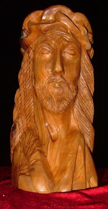 Hand Carved Olive Wood Statue: Head of Jesus with Crown of Thorns