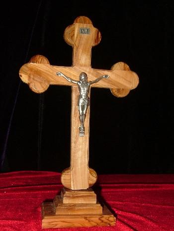 Hand Carved Olive Wood Celtic Style Crucifix with Beveled Edges with Table Stand