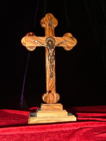 Hand Carved Olive Wood Celtic Style Crucifix with Beveled Edges with Table Stand