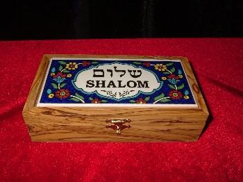 Hand Carved Olive Wood Box with Ceramic Tile Shalom Top.