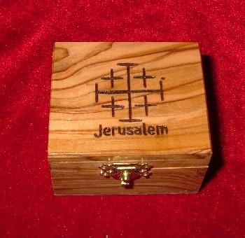 Hand Carved Olive Wood Box with Jerusalem Cross Carving on Top.