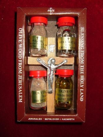Holy Land Suvenier Set: Hand Made Olive Wood Crucifix,Holy Water,Earth,Oil,and Incense