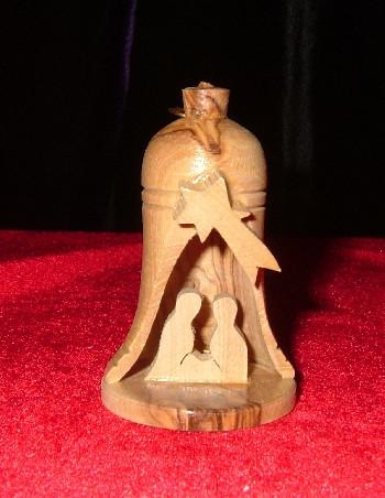 Hand Made Olive Wood Nativity Ornament in Bell Manger