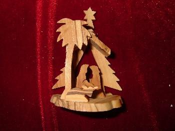 Hand Made Olive Wood Nativity and Manger with Palm Tree in Front and Pine Tree Ornament
