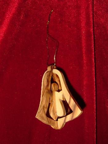 Hand Made Olive Wood Angel in Bell Ornament (3 dimentional)