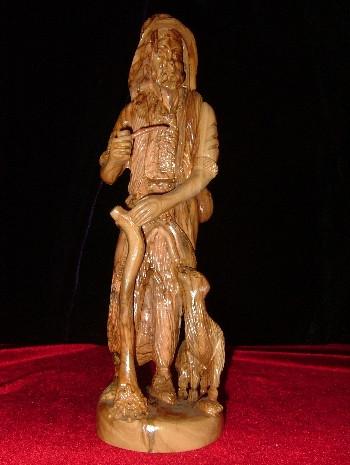 Hand Carved Olive Wood Statue: Shepherd with Lamb and Walking Stick Smoking a Pipe