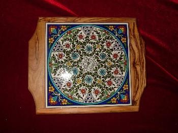Hand Carved Olive Wood Hot Plate with Floral Decorative Ceramic Top