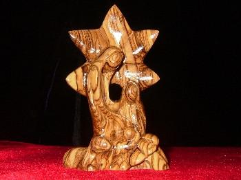 Hand Carved Olive Wood Statue:  Joseph,Mary,and Baby Jesus,Star of Bethlehem Watching Over Holy Family