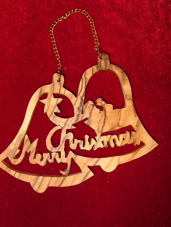 Hand Made Olive Wood Ornament: 2 Bells,Merry Christmas,and Star of Bethlehem Ornament
